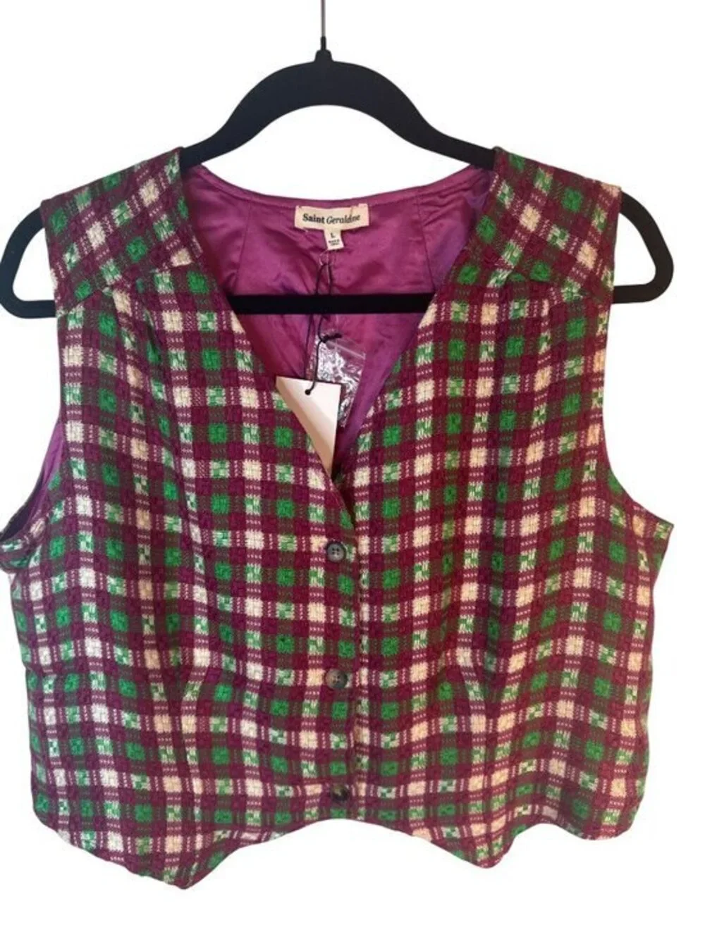 New Saint Geraldine Medium Plaid Button-Up Vest With Satin Lining